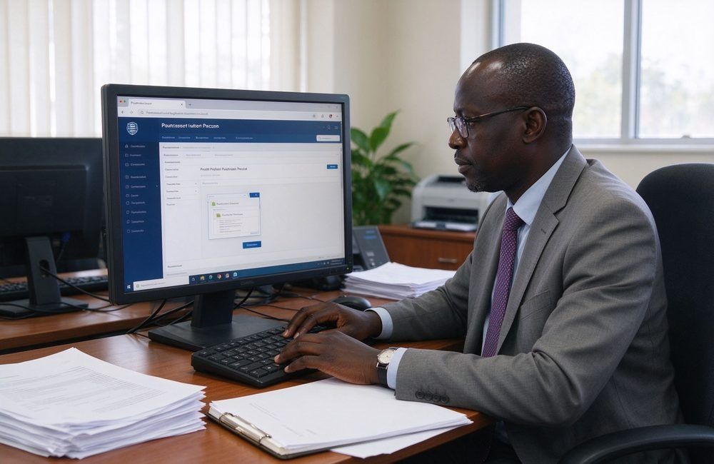African government officer operating an electronic tender submission portal on a computer in a bright office with document files, showing public tender compliance relief goods e-submission