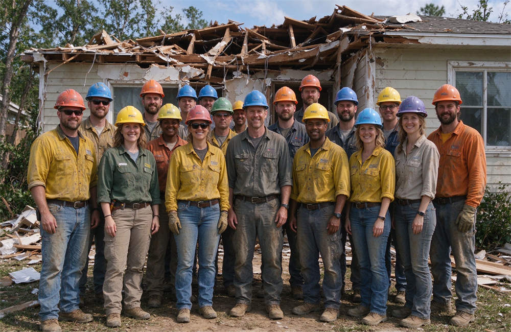 Group of diverse Western relief volunteers wearing colorful hard hats in front of damaged house, emergency response team and disaster relief workforce