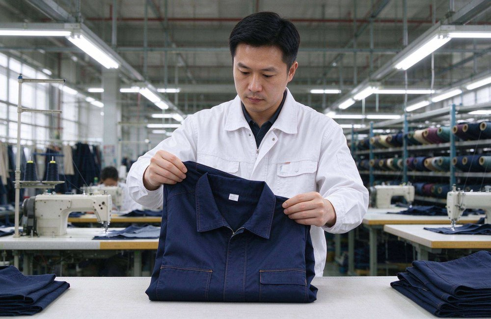 Factory quality team member holding a folded blanket sample beside an open carton, verifying packing specification for a refugee blankets wholesale order