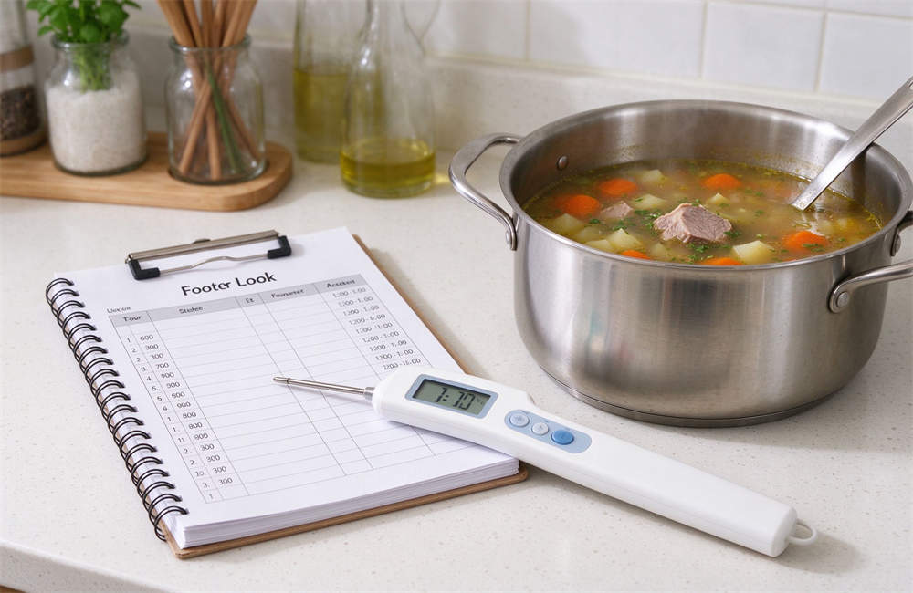 Food thermometer temperature log with pot of soup, food temperature monitoring supplies and food safety checklist for disaster relief kitchen operations