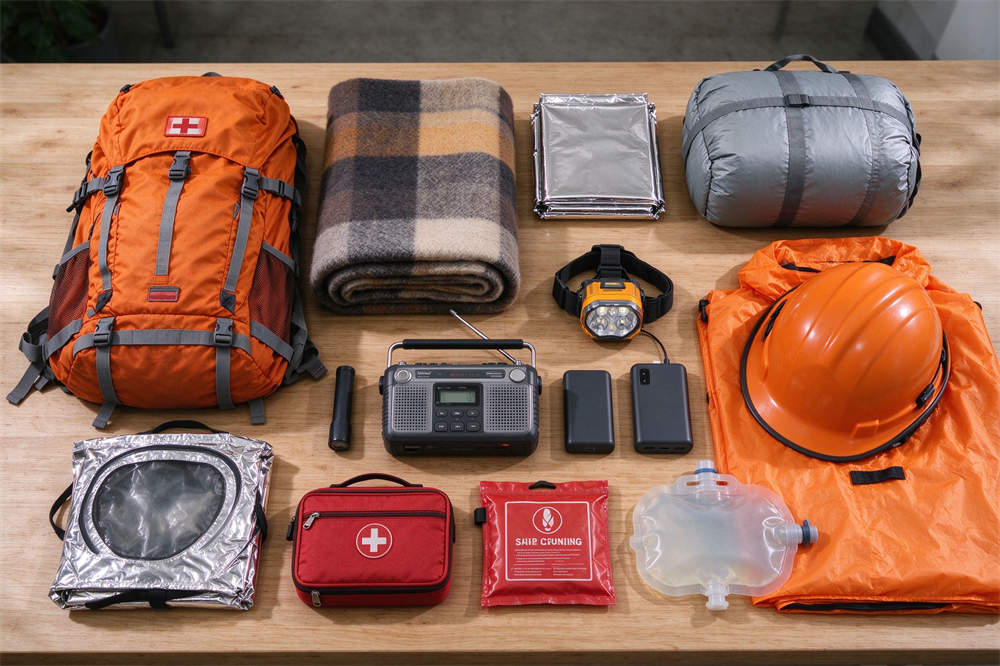 Bulk emergency supplies flat lay showing disaster preparedness kit essentials: backpack, wool blanket, sleeping bag, headlamp, radio, first aid, helmet Bulk emergency supplies flat lay showing disaster preparedness kit essentials: backpack, wool blanket, sleeping bag, headlamp, radio, first aid, helmet