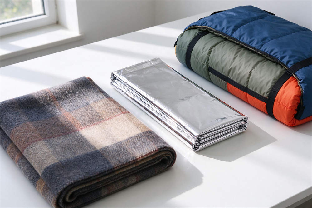 Emergency blankets collection: thick wool blanket, aluminum foil survival blanket, sleeping bag for disaster preparedness and cold weather survival Emergency blankets collection: thick wool blanket, aluminum foil survival blanket, sleeping bag for disaster preparedness and cold weather survival