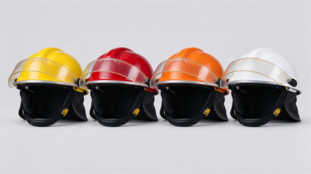 Studio lineup of four structural fire helmets in red yellow blue and white on light gray background, each with clear visor and Nomex neck flap