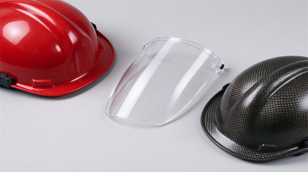 Three rectangular shell material sample blocks ABS polycarbonate and composite laid side by side on light gray background, showing texture and thickness