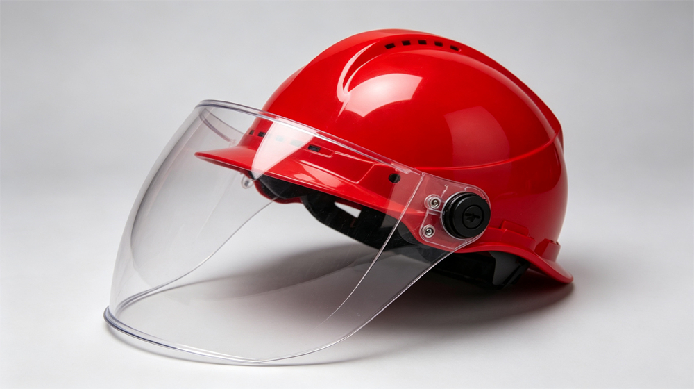 Close-up of a red structural fire helmet with raised polycarbonate face shield, showing latch mechanism and reflective trim, light gray background