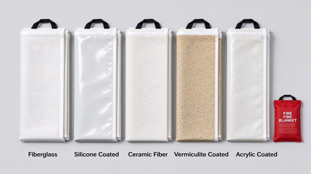 Five fire blanket material swatches arranged in a row on light gray background: fiberglass silicone coated vermiculite wool and aramid, each labeled in English