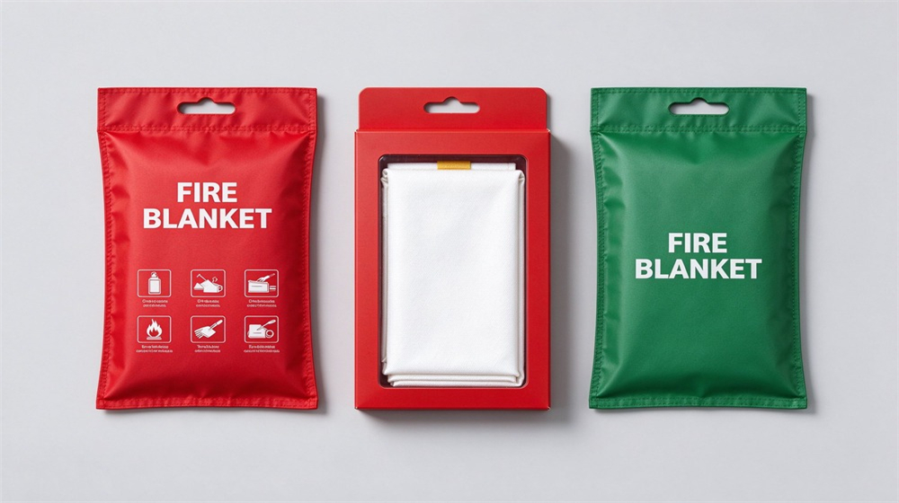 Two fire blanket packaging options displayed on light gray background: a soft red carry bag on left and a rigid red wall mount box on right, both English labeled