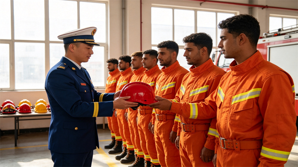 Government equipment issuance room scene: a Caucasian procurement officer hands a packaged fire gear set to a uniformed firefighter, shelves of cartons in background