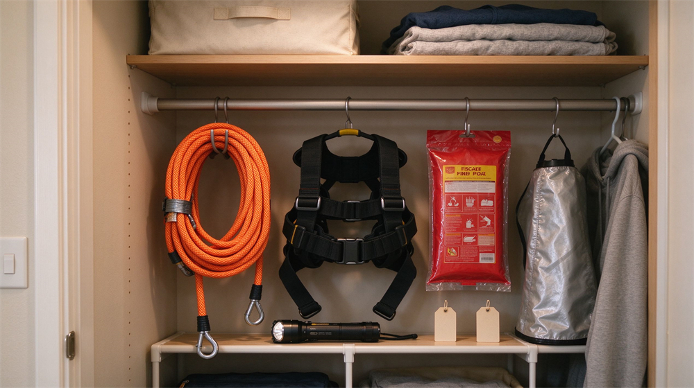 Home closet interior showing an organized escape kit storage shelf: orange escape rope on a hook, black harness hanging, red packaged fire blanket, flashlight and hood pouch, warm indoor light, tidy prepared household Home closet interior showing an organized escape kit storage shelf: orange escape rope on a hook, black harness hanging, red packaged fire blanket, flashlight and hood pouch, warm indoor light, tidy prepared household