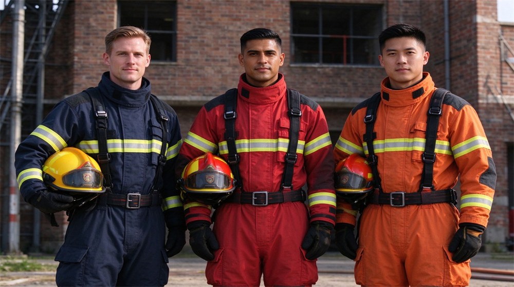 Wide shot of a firefighter team in full turnout gear and helmets approaching a smoke filled structure fire, orange reflection on gear, daytime exterior scene, three different male faces, serious response posture Wide shot of a firefighter team in full turnout gear and helmets approaching a smoke filled structure fire, orange reflection on gear, daytime exterior scene, three different male faces, serious response posture