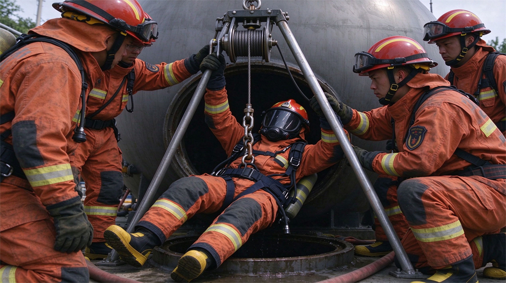 Daytime industrial rescue operation with three workers in SCBA and harnesses, one being lifted out through a tank manway by tripod winch while two others assist at the rim, different faces fully masked, chemical plant setting