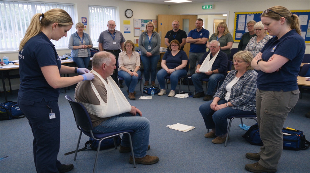 Community center workshop scene with a female instructor demonstrating triangular bandage sling application to a volunteer seated on a chair, group of mixed adults watching and practicing, bright room, Caucasian instructor
