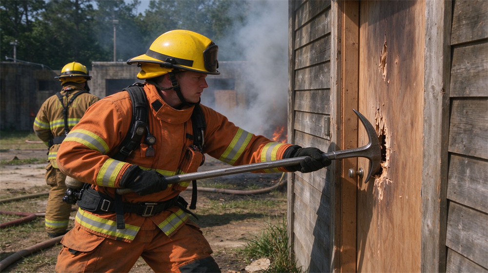 Daytime training scene of a Caucasian firefighter in orange turnout gear and yellow helmet forcing open a wooden door with a Halligan bar, second firefighter standing back watching, smoke in background Daytime training scene of a Caucasian firefighter in orange turnout gear and yellow helmet forcing open a wooden door with a Halligan bar, second firefighter standing back watching, smoke in background
