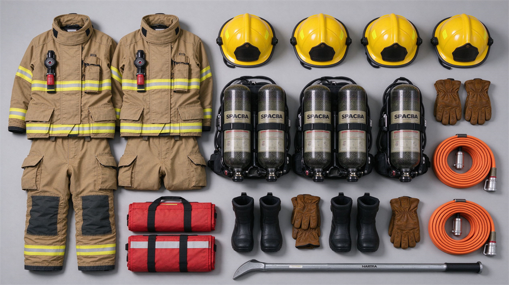 Top down flat lay of a complete four person fire fighting equipment package on light gray: turnout sets, SCBA units, helmets, gloves, boots, fire blankets, escape ropes and Halligan bar arranged in neat rows Top down flat lay of a complete four person fire fighting equipment package on light gray: turnout sets, SCBA units, helmets, gloves, boots, fire blankets, escape ropes and Halligan bar arranged in neat rows