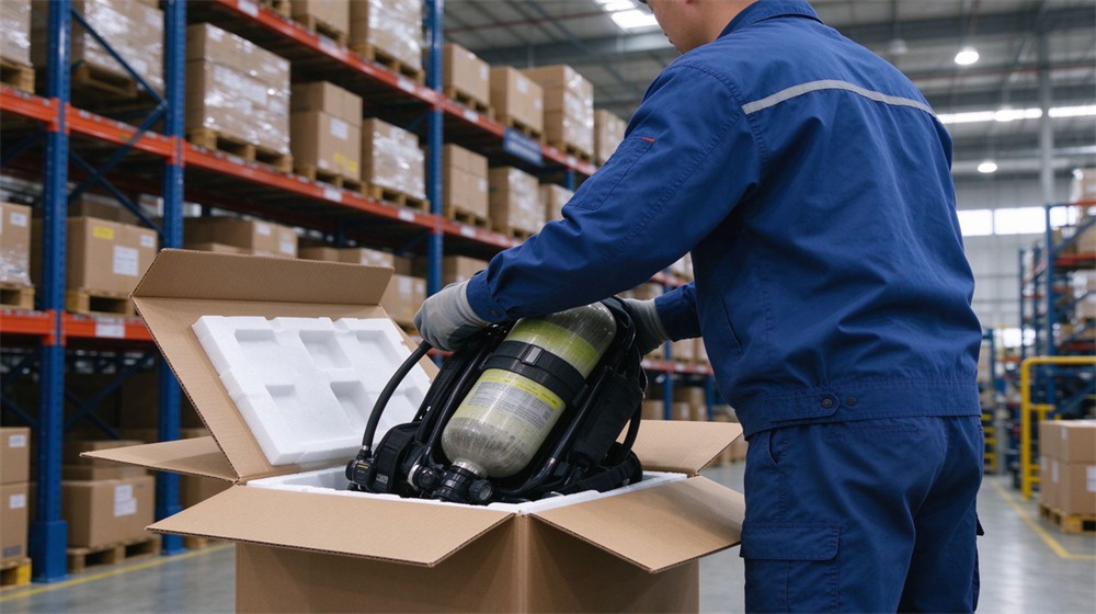 Bright export warehouse scene with an Asian male worker packing fire fighting gear into brown cartons printed with English shipping labels, pallets and stretch wrap in background Bright export warehouse scene with an Asian male worker packing fire fighting gear into brown cartons printed with English shipping labels, pallets and stretch wrap in background