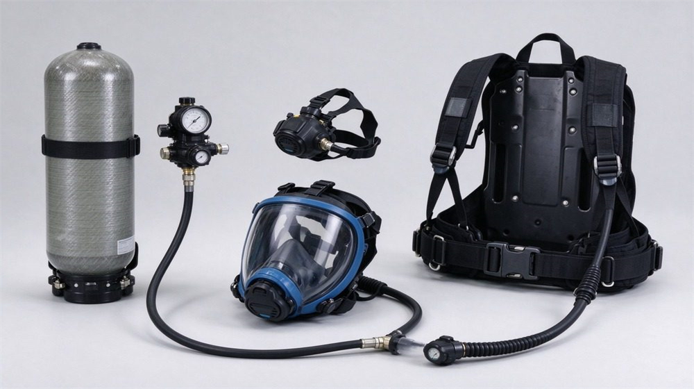 Self-contained breathing apparatus components laid out, carbon fiber air cylinder, full face mask, pressure gauge assembly and backplate harness. Self-contained breathing apparatus components laid out, carbon fiber air cylinder, full face mask, pressure gauge assembly and backplate harness.
