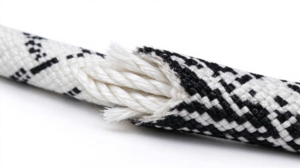 Double braided rescue rope with torn outer sheath, showing strong inner core for load bearing rescue work. Double braided rescue rope with torn outer sheath, showing strong inner core for load bearing rescue work.
