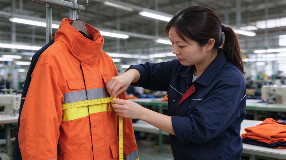 Factory worker measures safety protective jacket with tape measure during quality inspection inside garment workshop. Factory worker measures safety protective jacket with tape measure during quality inspection inside garment workshop.