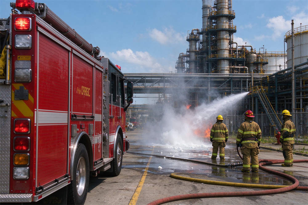 Chemical spill scene with fire truck at factory, emergency response to industrial HazMat incident, rescue operations in progress