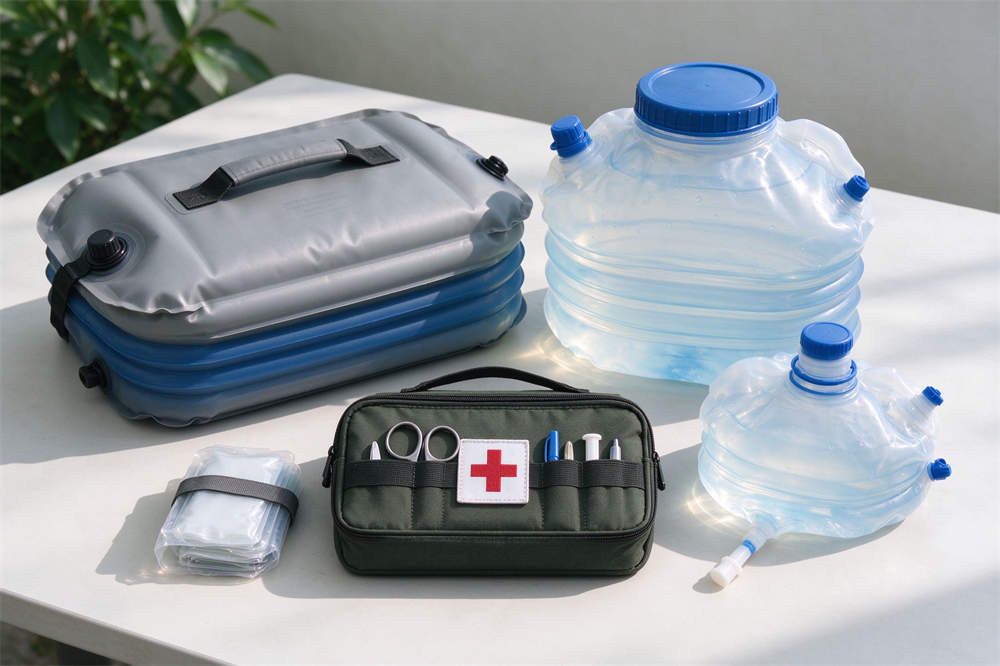 Foldable water jug and first aid kit together, home flu emergency kit supplies for influenza season and pandemic preparedness