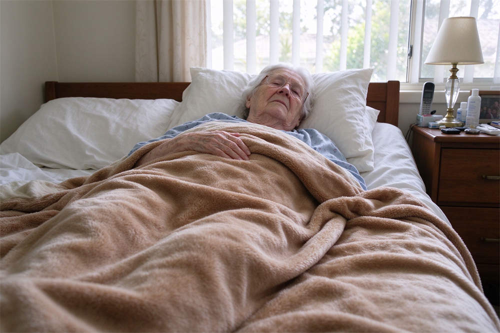 Elderly person resting at home covered with thick wool blanket, comfort and recovery supplies for influenza preparedness