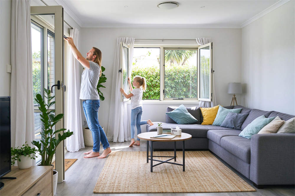 Family at home isolation opening windows for ventilation, influenza preparedness home care and infection control tips