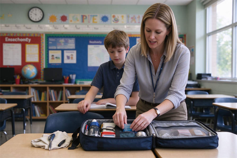 Teacher in classroom preparing emergency kit, school flu preparedness supplies for students and staff during influenza season
