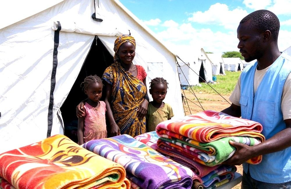 Tent camp set up for families after a cyclone with blankets and ground sheets, showing emergency tents for cyclone shelter programs