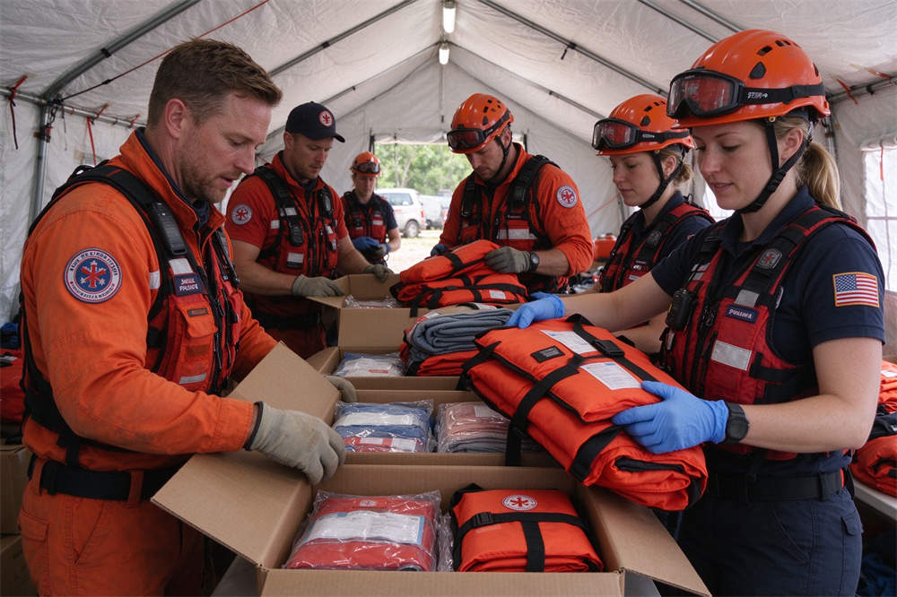 Life jacket distribution unboxing by rescue workers, bulk PFD wholesale supplies for water safety and emergency services Life jacket distribution unboxing by rescue workers, bulk PFD wholesale supplies for water safety and emergency services