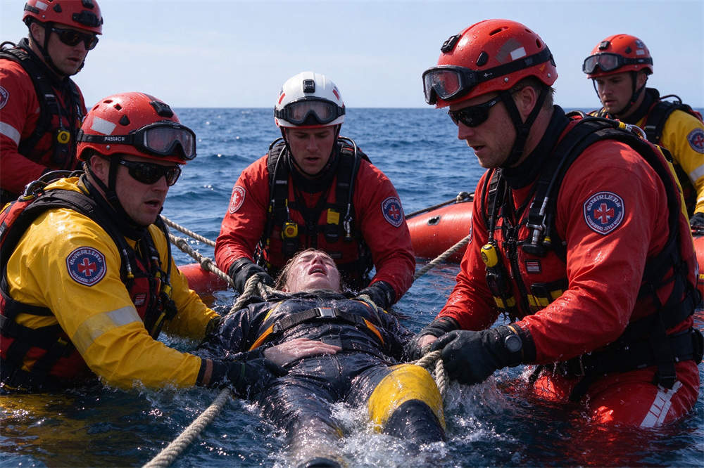 Rescue swimmer saving drowning person in ocean, water rescue equipment and life jacket use for emergency services