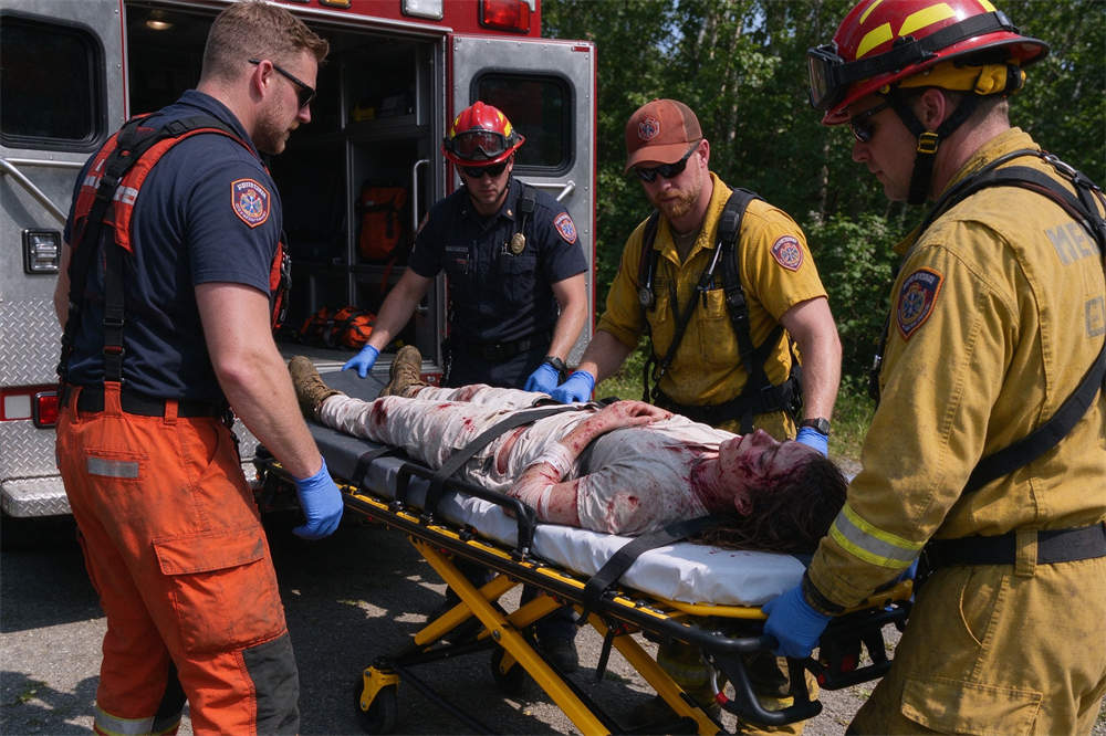 Rescue team using stretcher to evacuate injured person, water rescue equipment for flood and coastal emergency services Rescue team using stretcher to evacuate injured person, water rescue equipment for flood and coastal emergency services