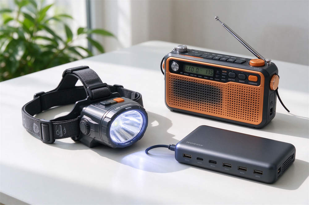 Emergency lighting and communication products: headlamp, hand crank radio, power bank for water rescue operations Emergency lighting and communication products: headlamp, hand crank radio, power bank for water rescue operations