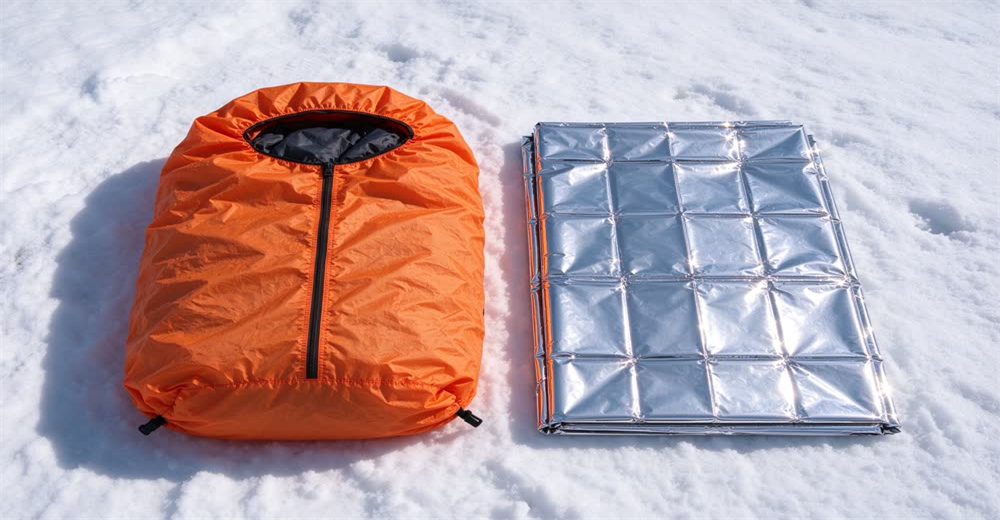 Front view of red emergency bivy sack and expedition sleeping bag showing cold weather survival shelter