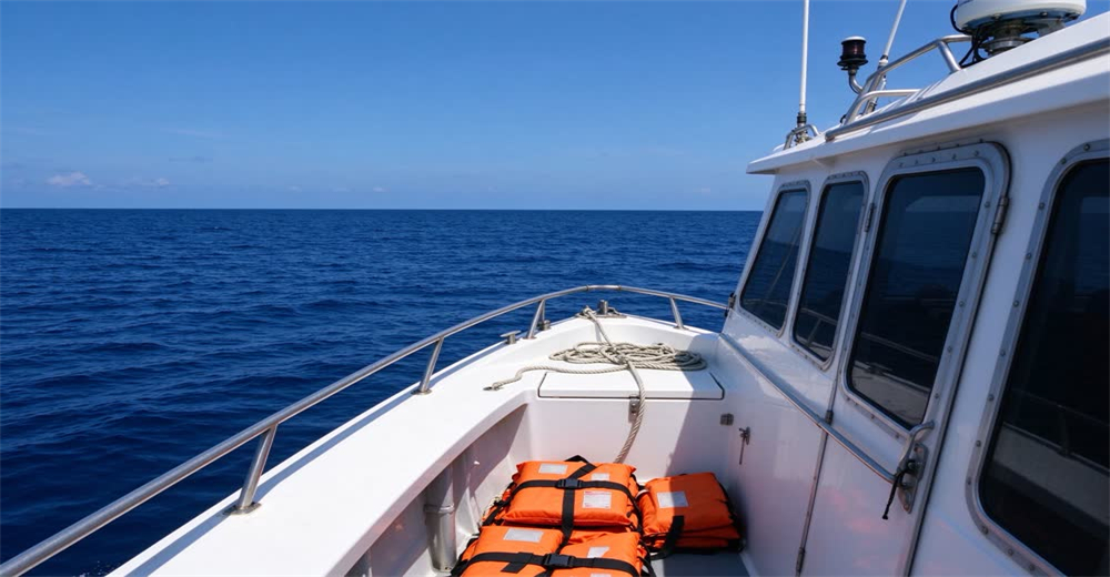 Wide view of small fishing boat on open sea with waves showing maritime emergency and boat safety equipment Wide view of small fishing boat on open sea with waves showing maritime emergency and boat safety equipment