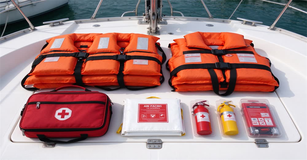 Flat lay of boat safety equipment including life rings flashlights and first aid kit showing complete vessel safety gearFlat lay of boat safety equipment including life rings flashlights and first aid kit showing complete vessel safety gear Flat lay of boat safety equipment including life rings flashlights and first aid kit showing complete vessel safety gearFlat lay of boat safety equipment including life rings flashlights and first aid kit showing complete vessel safety gear