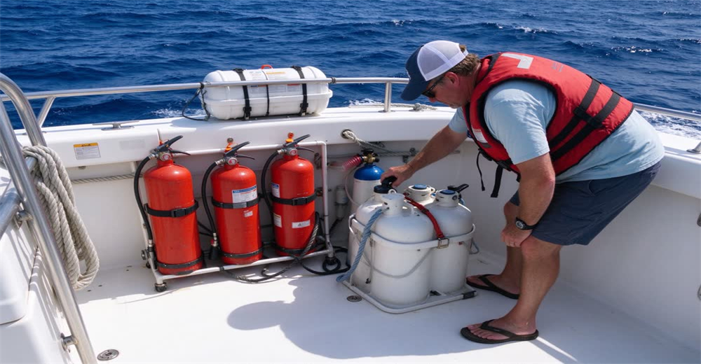 Eye-level view of boat owner inspecting life jackets on deck before voyage showing equipment maintenance Eye-level view of boat owner inspecting life jackets on deck before voyage showing equipment maintenance