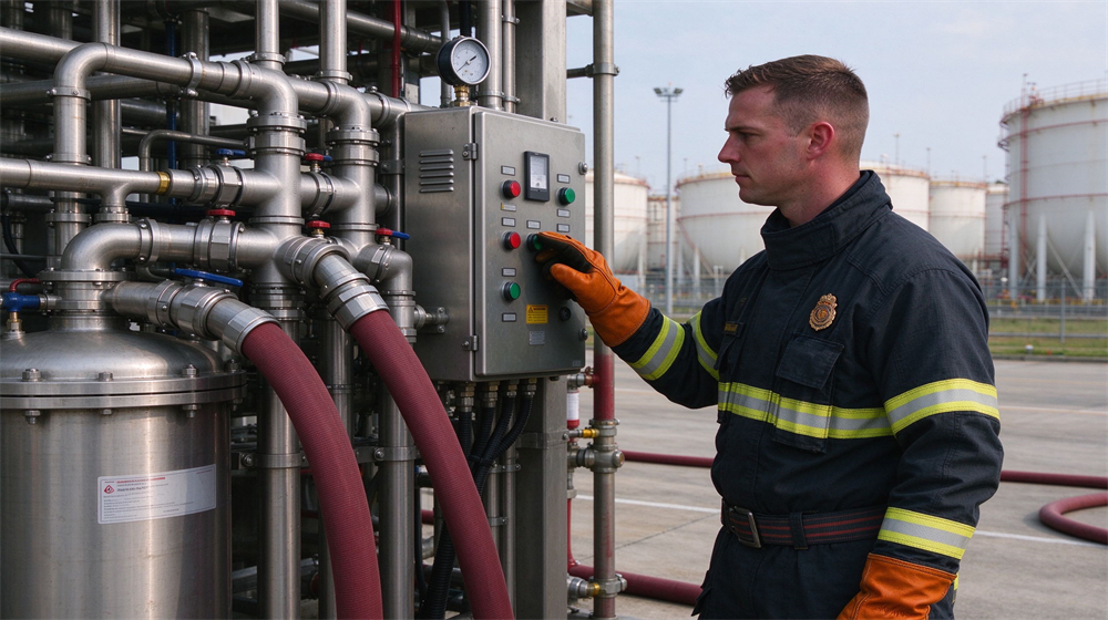 Firefighter in dark fire uniform with reflective stripes presses control button on stainless control panel at industrial tank farm.