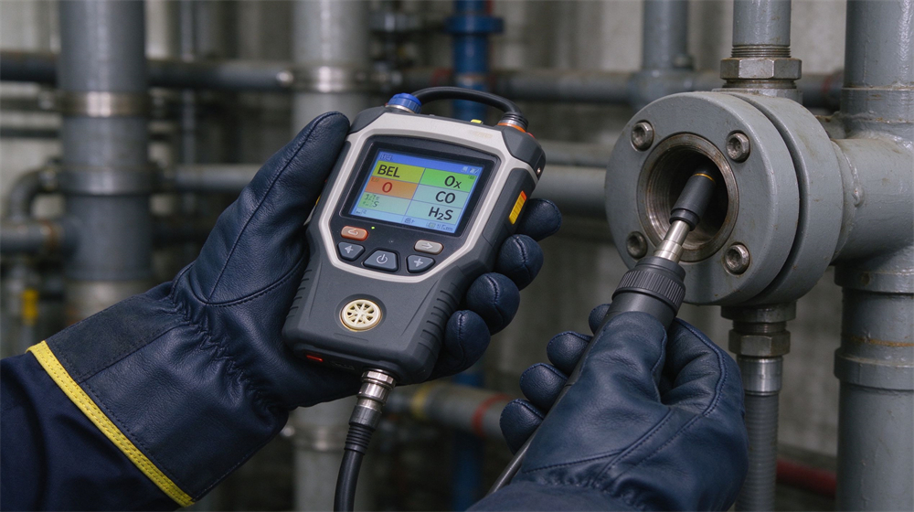 Worker wearing dark safety gloves holds multi gas detector and inserts sampling probe into pipeline flange for gas concentration inspection.