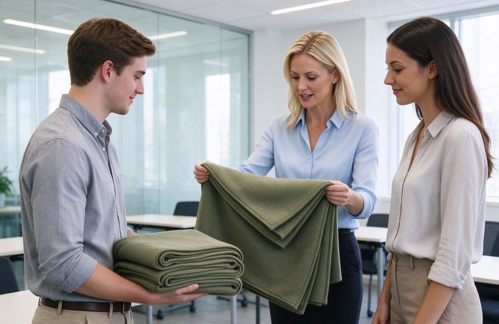 Agency procurement staff reviewing blanket samples and documents for a drought relief program, showing how NGOs buy drought relief supplies in bulk
