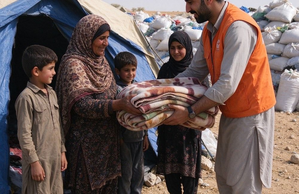 Middle Eastern volunteer in an orange vest hands folded blankets to a pastoral family with two children beside a tent on dry land during a drought relief distribution