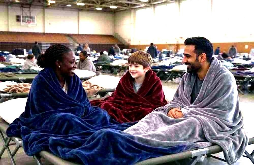 Wide view of families resting inside a temporary gymnasium shelter with grey flannel blankets and bedding laid out on mats, natural light from high windows, calm atmosphere