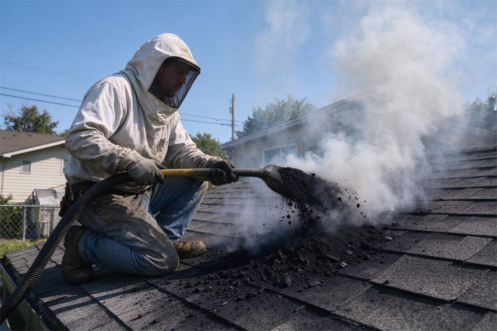Resident wearing respirator cleaning volcanic ash from roof, volcanic ash preparedness cleanup and safety procedures