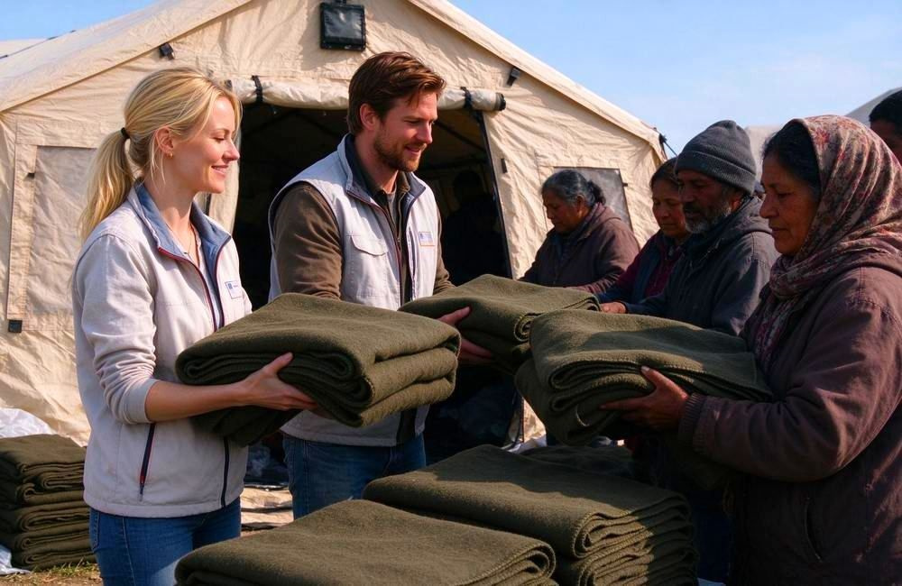 Relief workers distribute folded olive wool blend emergency blankets to people at a disaster relief camp outside large refugee tents