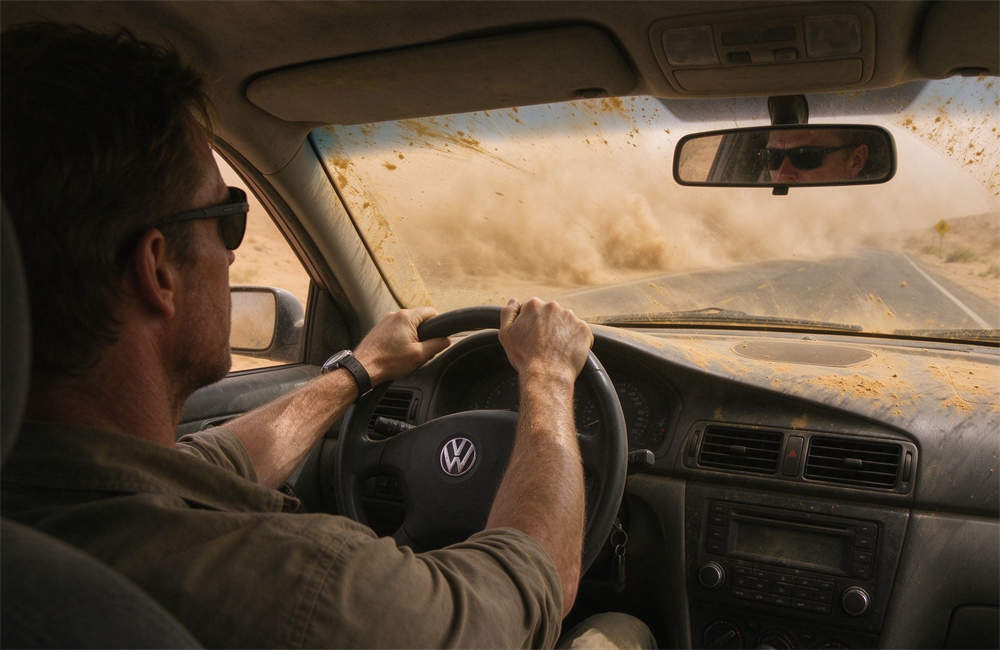 Caucasian driver pulling over car during sandstorm, windshield covered in yellow dust, zero visibility emergency driving