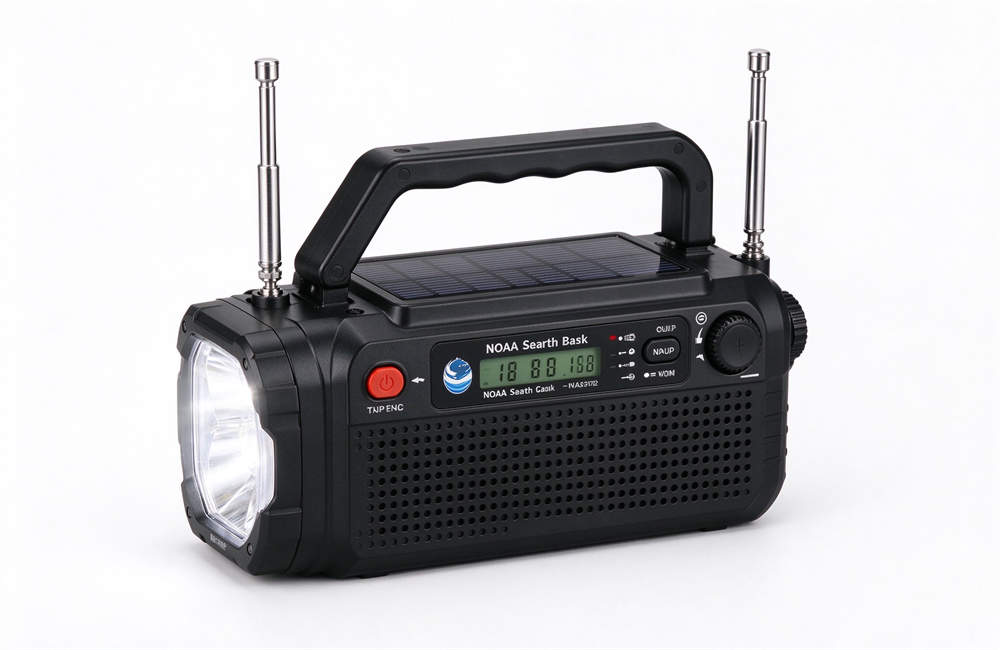 Hand crank emergency NOAA weather radio with solar panel and LED flashlight, communication equipment for sandstorm emergency kit